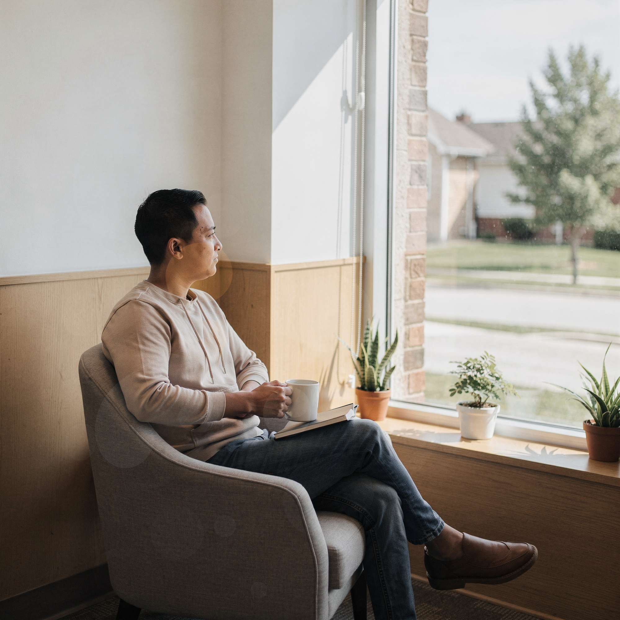 Man sitting in a comfortable chair by a bright window, holding a warm beverage and looking peacefully outside
